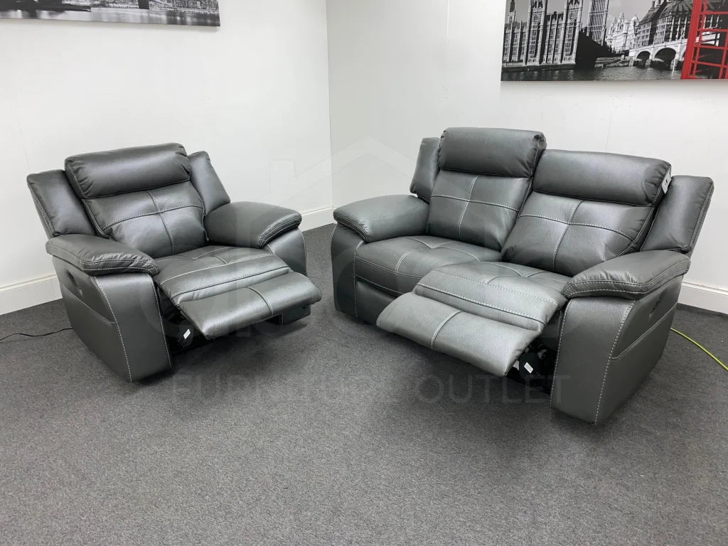 Parker Electric Recliner Grey Leather 2 Seater Sofa + Chair Set Sofas