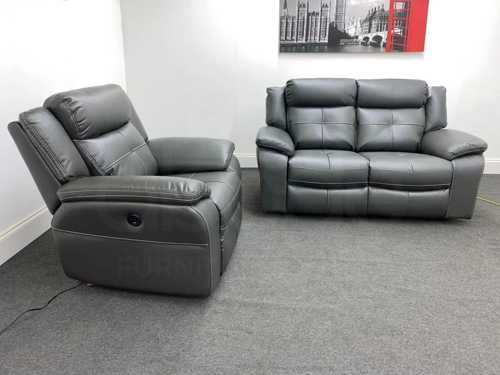 Parker Electric Recliner Grey Leather 2 Seater Sofa + Chair Set Sofas