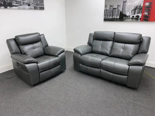 Parker Electric Recliner Grey Leather 2 Seater Sofa + Chair Set Sofas