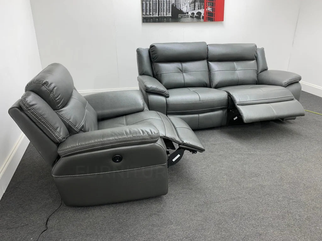 Parker Electric Recliner Grey Leather 3 Seater Sofa + Chair Set Sofas