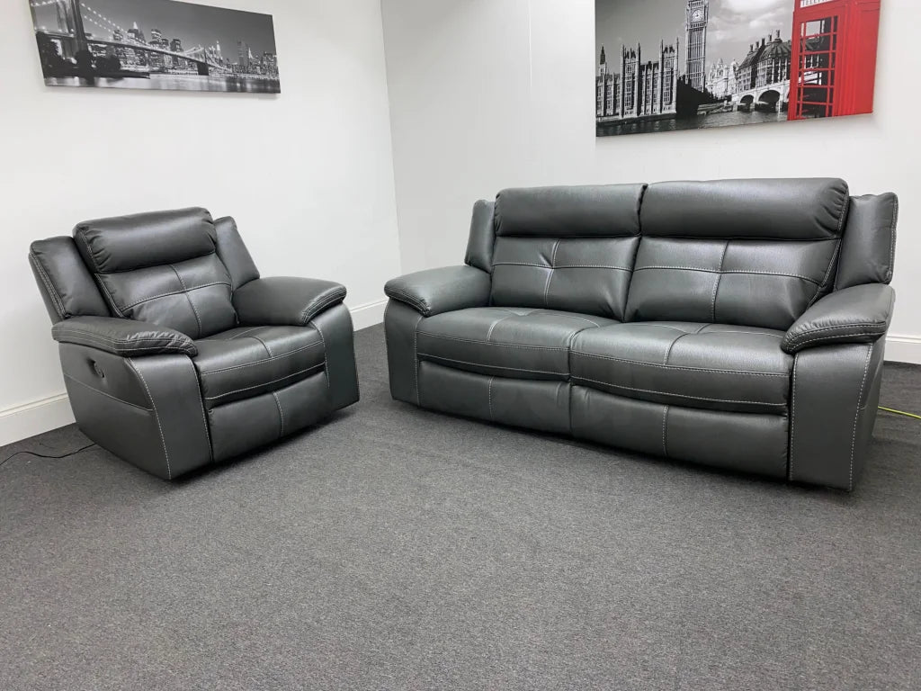 Parker Electric Recliner Grey Leather 3 Seater Sofa + Chair Set Sofas