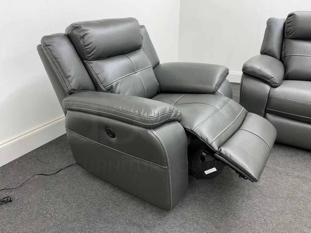 Parker Electric Recliner Grey Leather 3 Seater Sofa + Chair Set Sofas