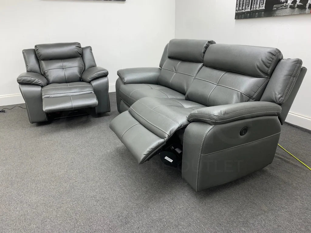 Parker Electric Recliner Grey Leather 3 Seater Sofa + Chair Set Sofas