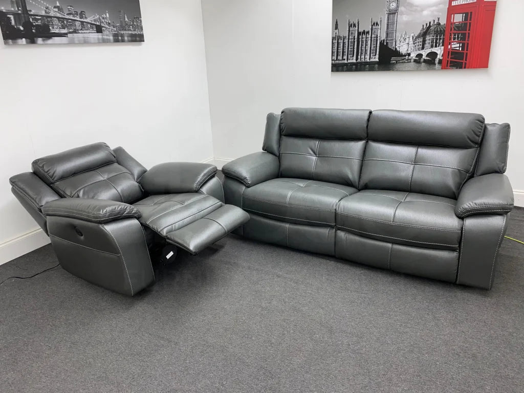 Parker Electric Recliner Grey Leather 3 Seater Sofa + Chair Set Sofas