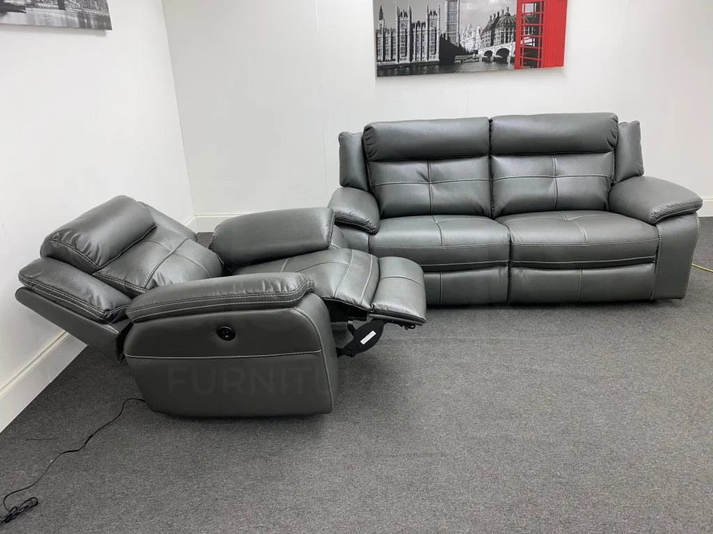 Parker Electric Recliner Grey Leather 3 Seater Sofa + Chair Set Sofas