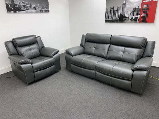 Parker Electric Recliner Grey Leather 3 Seater Sofa + Chair Set Sofas