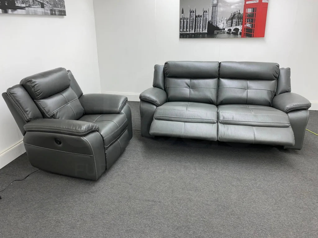 Parker Electric Recliner Grey Leather 3 Seater Sofa + Chair Set Sofas