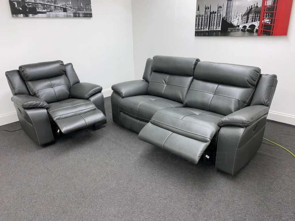 Parker Electric Recliner Grey Leather 3 Seater Sofa + Chair Set Sofas