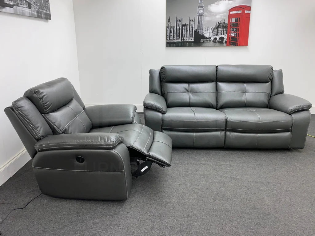 Parker Electric Recliner Grey Leather 3 Seater Sofa + Chair Set Sofas