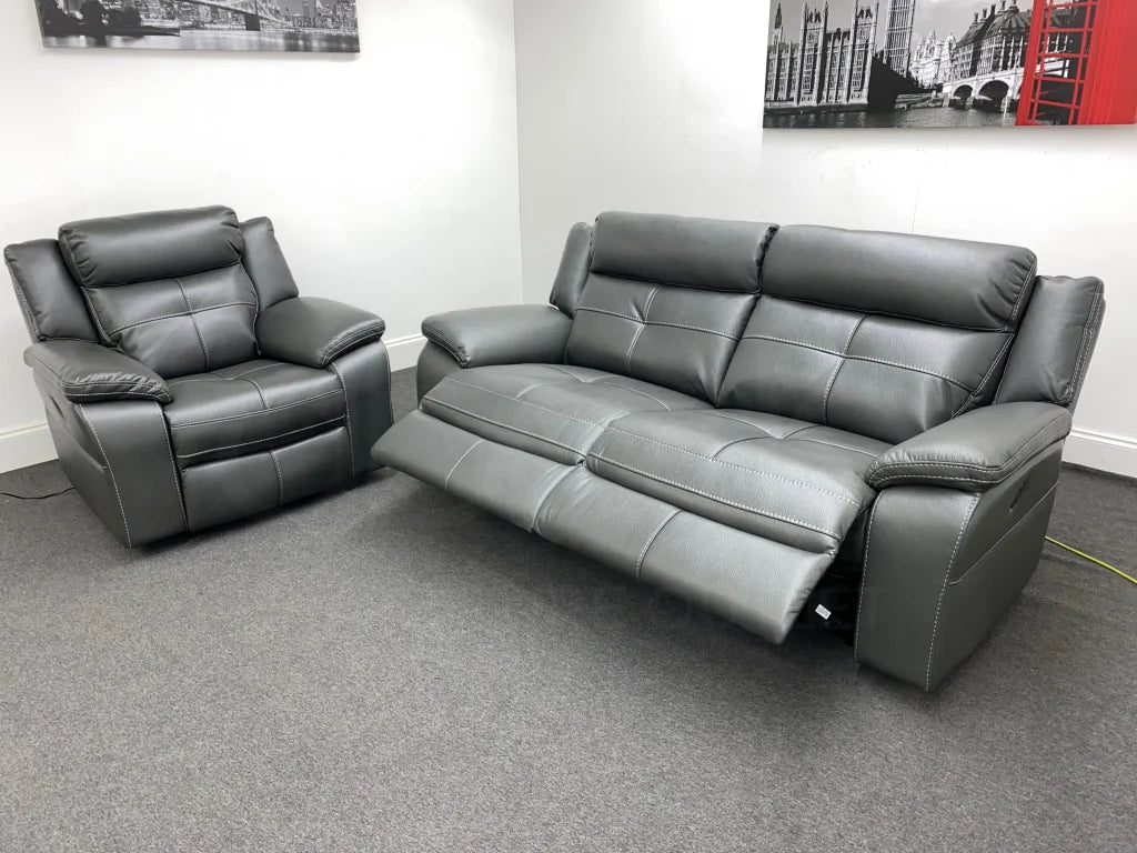 Parker Electric Recliner Grey Leather 3 Seater Sofa + Chair Set Sofas