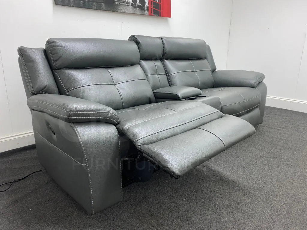 Parker Electric Recliner Grey Leather 3 Seater Sofa With Consol Sofas