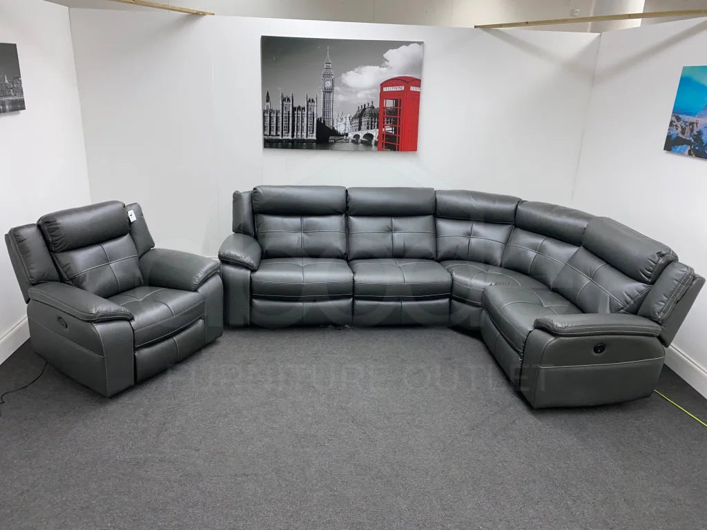 Parker Electric Recliner Grey Leather Rhf Corner Sofa + Armchair Set Sofas