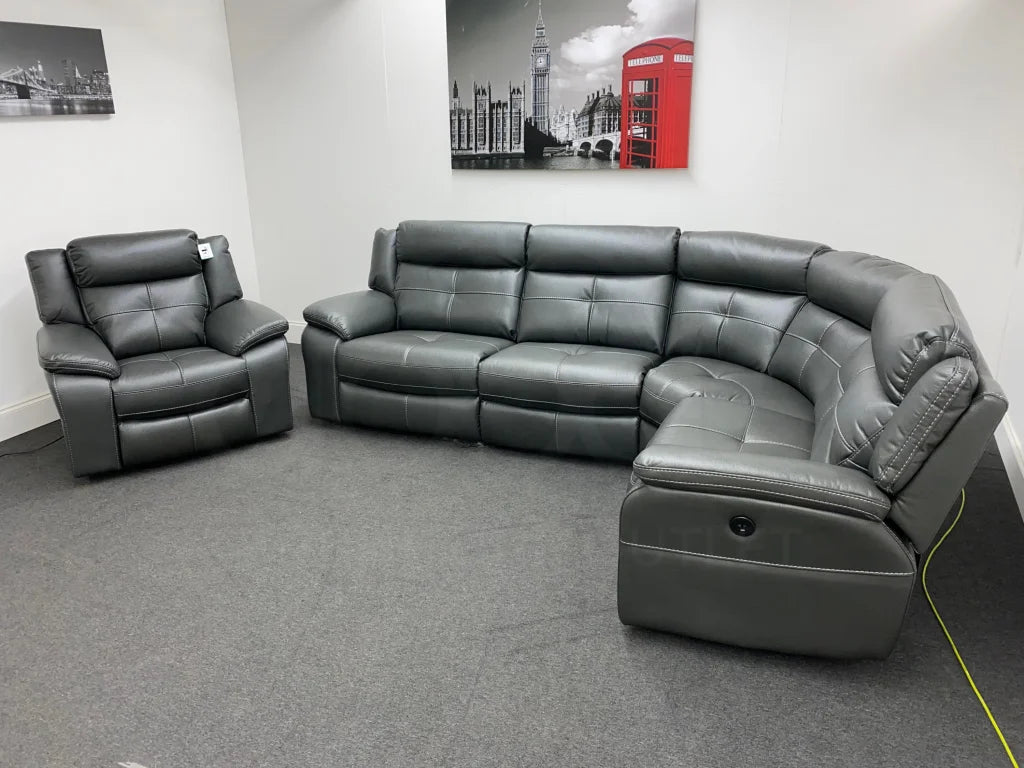 Parker Electric Recliner Grey Leather Rhf Corner Sofa + Armchair Set Sofas