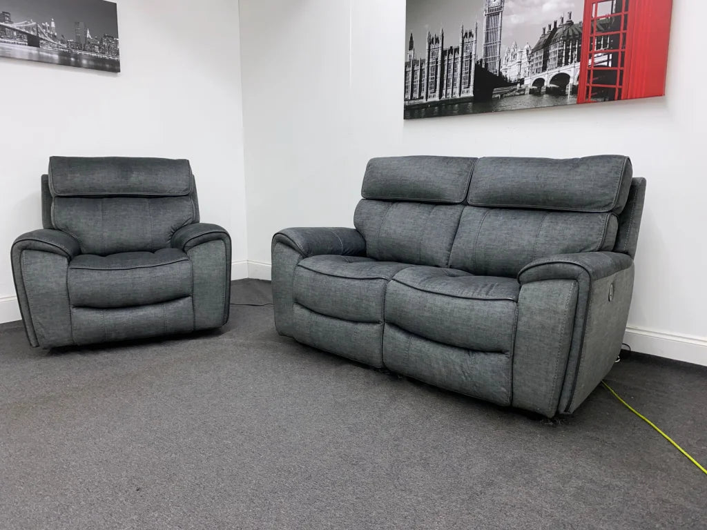 Portebello Electric Recliner Grey Fabric 2 Seater + Armchair Sofa Set Sofas