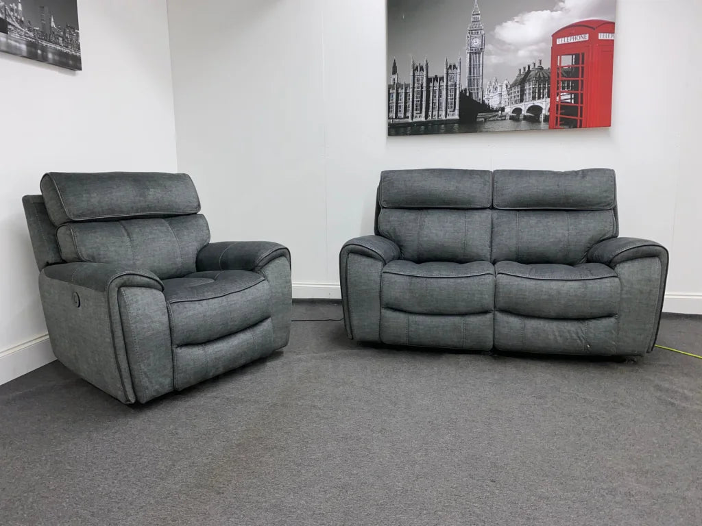 Portebello Electric Recliner Grey Fabric 2 Seater + Armchair Sofa Set Sofas
