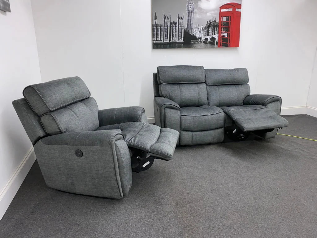 Portebello Electric Recliner Grey Fabric 2 Seater + Armchair Sofa Set Sofas