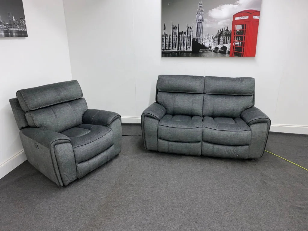 Portebello Electric Recliner Grey Fabric 2 Seater + Armchair Sofa Set Sofas