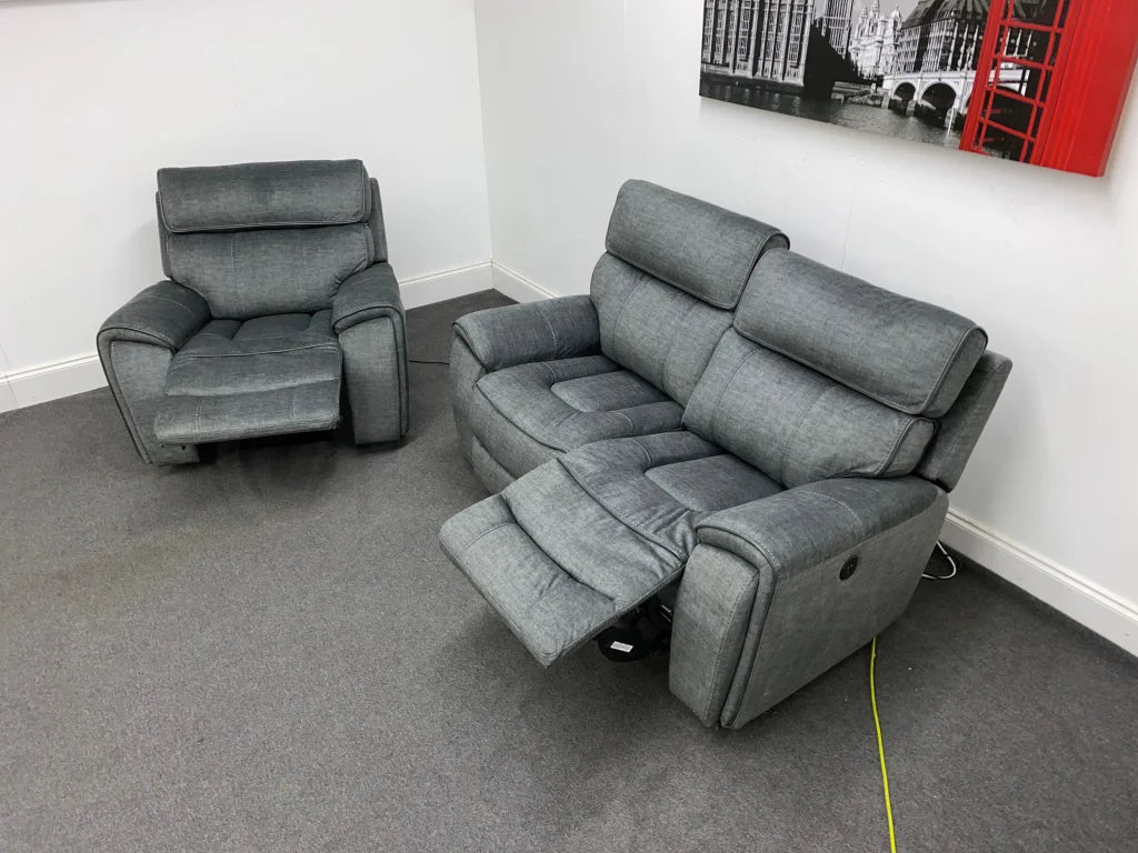 Portebello Electric Recliner Grey Fabric 2 Seater + Armchair Sofa Set Sofas