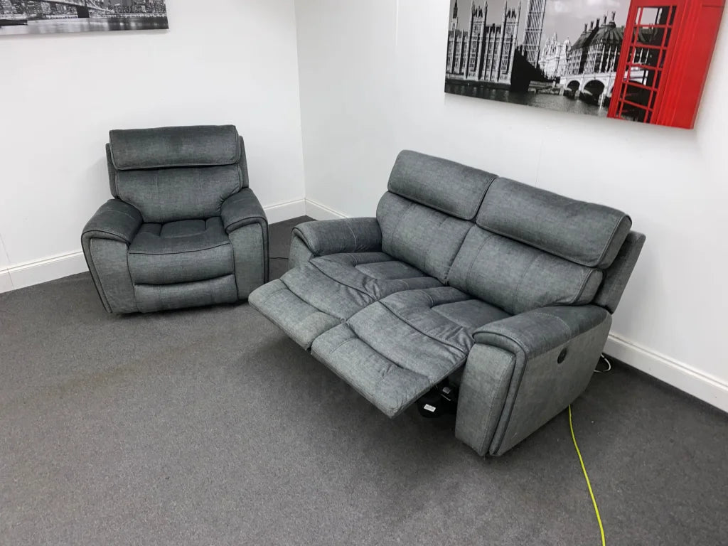 Portebello Electric Recliner Grey Fabric 2 Seater + Armchair Sofa Set Sofas