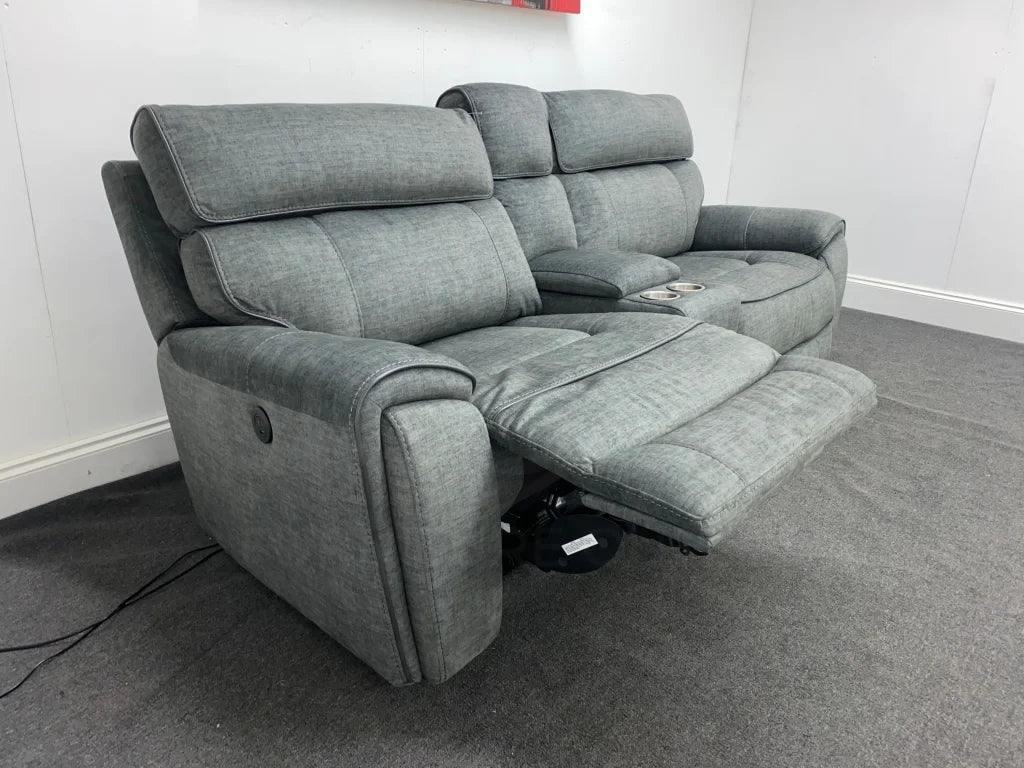 Portebello Electric Recliner Grey Fabric 3 Seater Sofa With Consol Sofas
