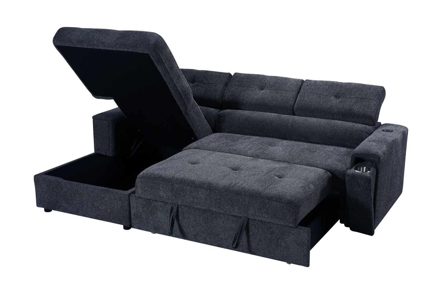 LHF Dark Grey Fabric Sofa Bed + Storage Ottoman + Adjustable Headrests + Drinks Holder + Wireless Charger