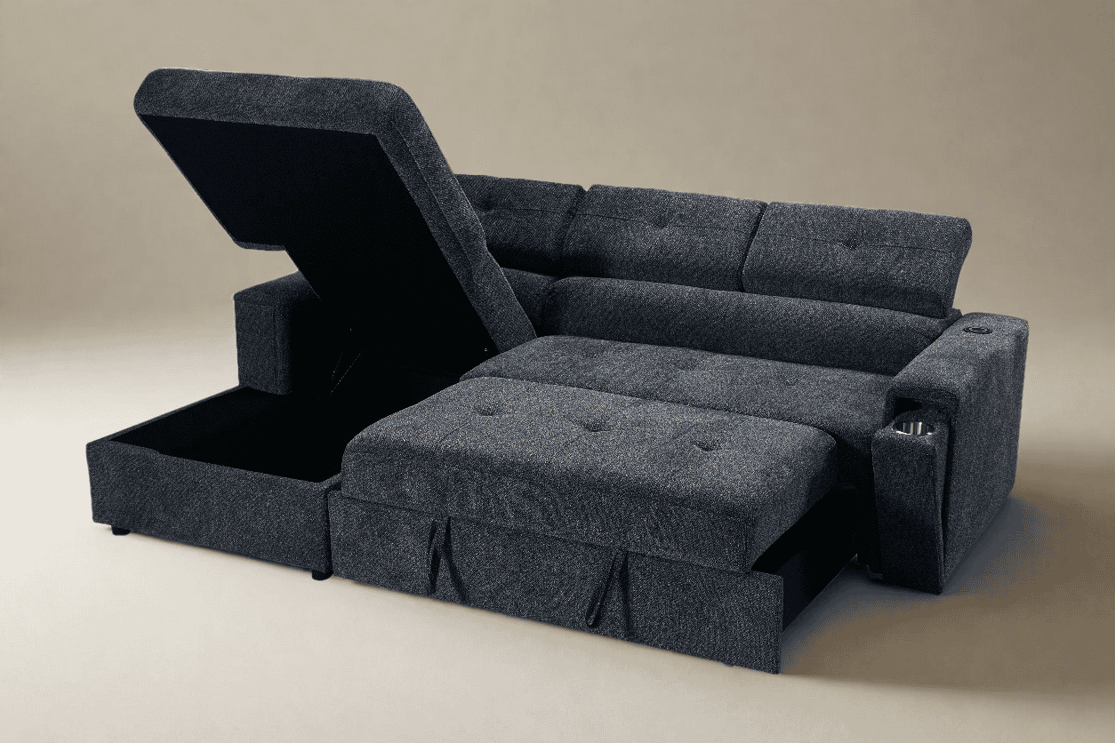 LHF Dark Grey Fabric Sofa Bed + Storage Ottoman + Adjustable Headrests + Drinks Holder + Wireless Charger