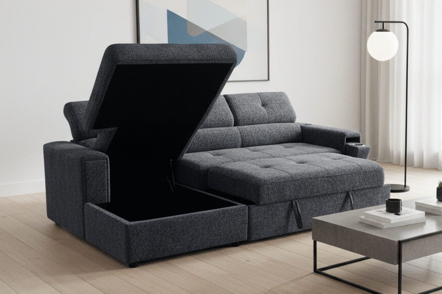 "Heatons" SOFA BED - Dark Grey Fabric Corner Sofa / Sofa Bed LHF With Storage Ottoman + Adjustable Headrests + Drinks Holder + Wireless Charger + Drinks Holder