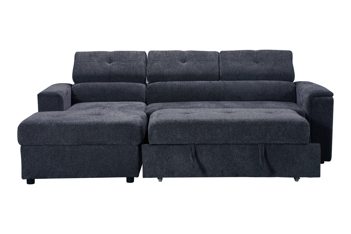LHF Dark Grey Fabric Sofa Bed + Storage Ottoman + Adjustable Headrests + Drinks Holder + Wireless Charger