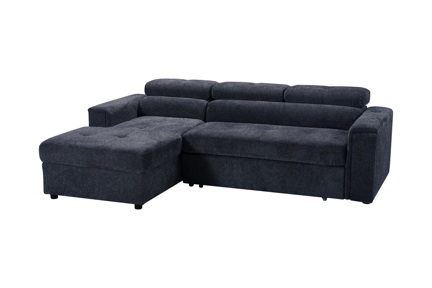LHF Dark Grey Fabric Sofa Bed + Storage Ottoman + Adjustable Headrests + Drinks Holder + Wireless Charger