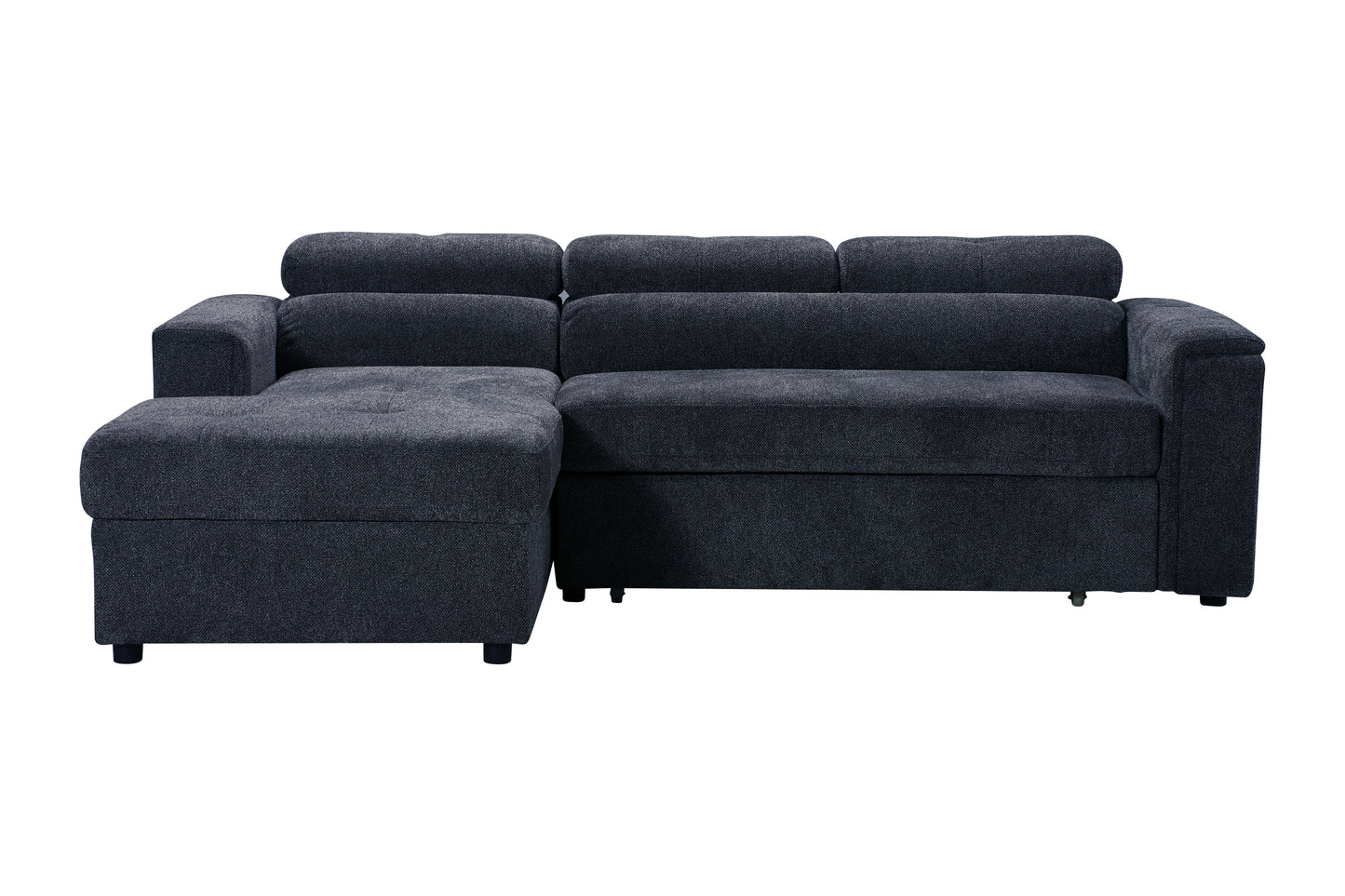 LHF Dark Grey Fabric Sofa Bed + Storage Ottoman + Adjustable Headrests + Drinks Holder + Wireless Charger