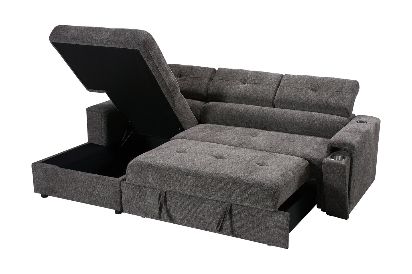 LHF Dark Grey Fabric Sofa Bed + Storage Ottoman + Adjustable Headrests + Drinks Holder + Wireless Charger