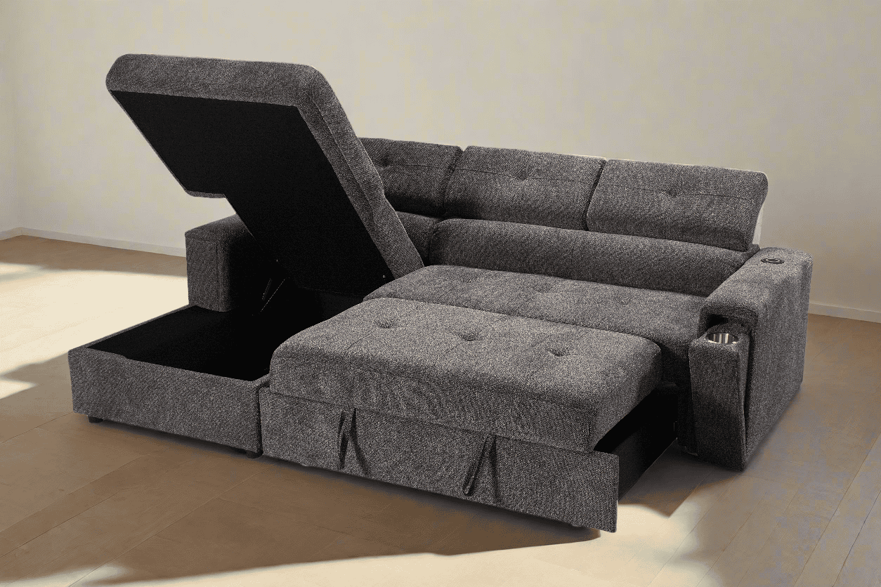 LHF Dark Grey Fabric Sofa Bed + Storage Ottoman + Adjustable Headrests + Drinks Holder + Wireless Charger