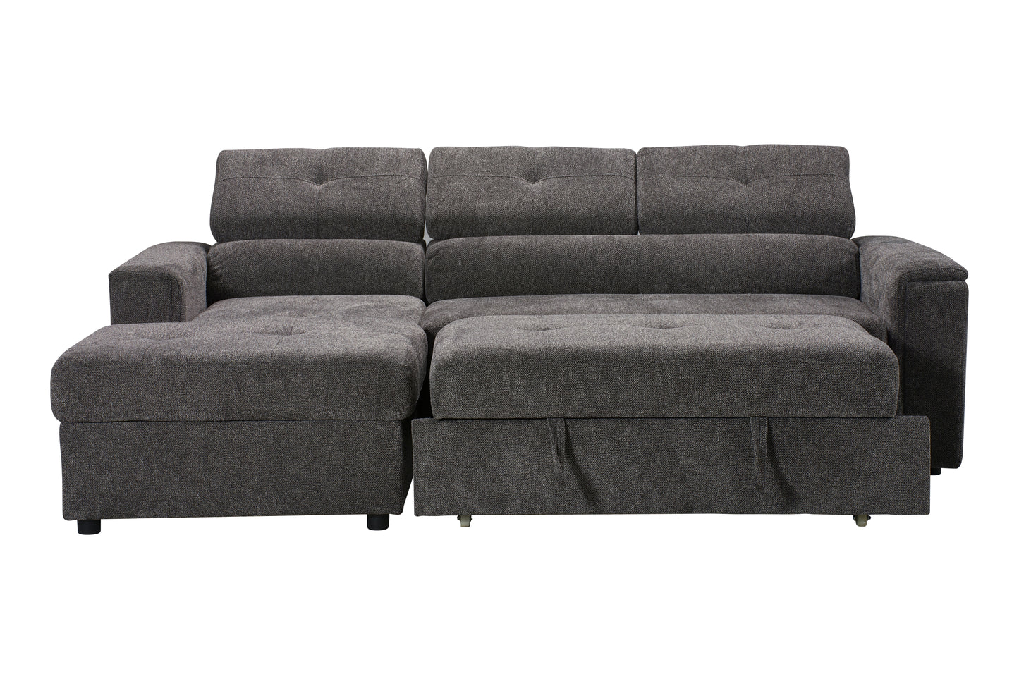 LHF Dark Grey Fabric Sofa Bed + Storage Ottoman + Adjustable Headrests + Drinks Holder + Wireless Charger