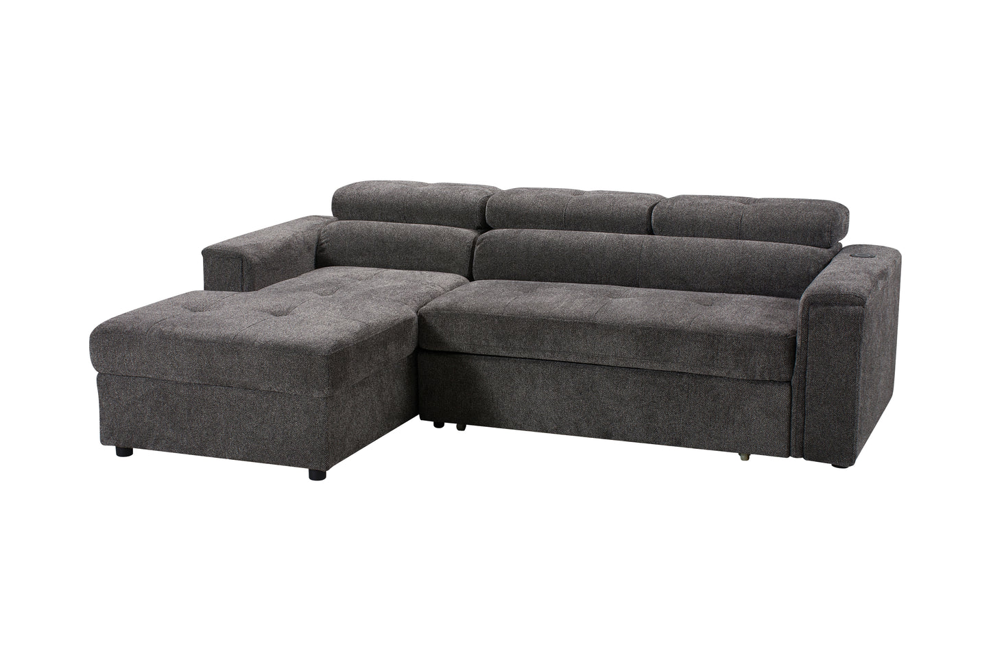 LHF Dark Grey Fabric Sofa Bed + Storage Ottoman + Adjustable Headrests + Drinks Holder + Wireless Charger