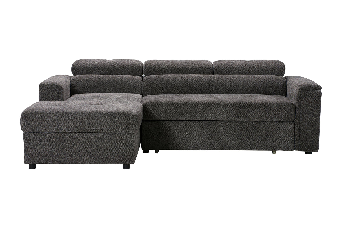 LHF Dark Grey Fabric Sofa Bed + Storage Ottoman + Adjustable Headrests + Drinks Holder + Wireless Charger