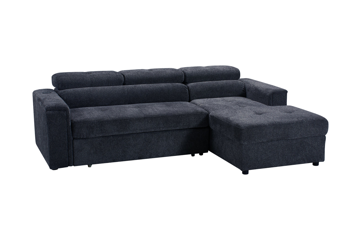 RHF Dark Grey Fabric Sofa Bed + Storage Ottoman + Adjustable Headrests + Drinks Holder + Wireless Charger