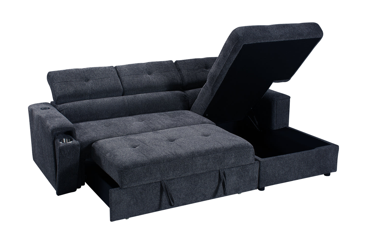 RHF Dark Grey Fabric Sofa Bed + Storage Ottoman + Adjustable Headrests + Drinks Holder + Wireless Charger