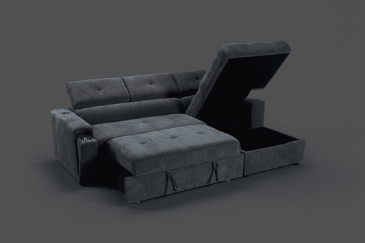 "Heatons" SOFA BED In Dark Grey Fabric Corner Sofa / Sofa Bed RHF With Storage Ottoman + Adjustable Headrests + Drinks Holder + Wireless Charger + Drinks Holder