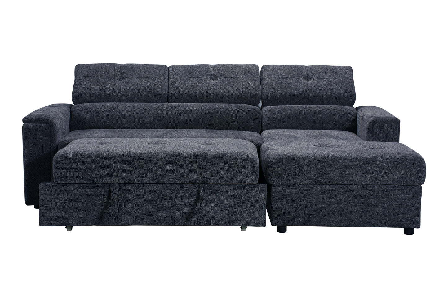 RHF Dark Grey Fabric Sofa Bed + Storage Ottoman + Adjustable Headrests + Drinks Holder + Wireless Charger