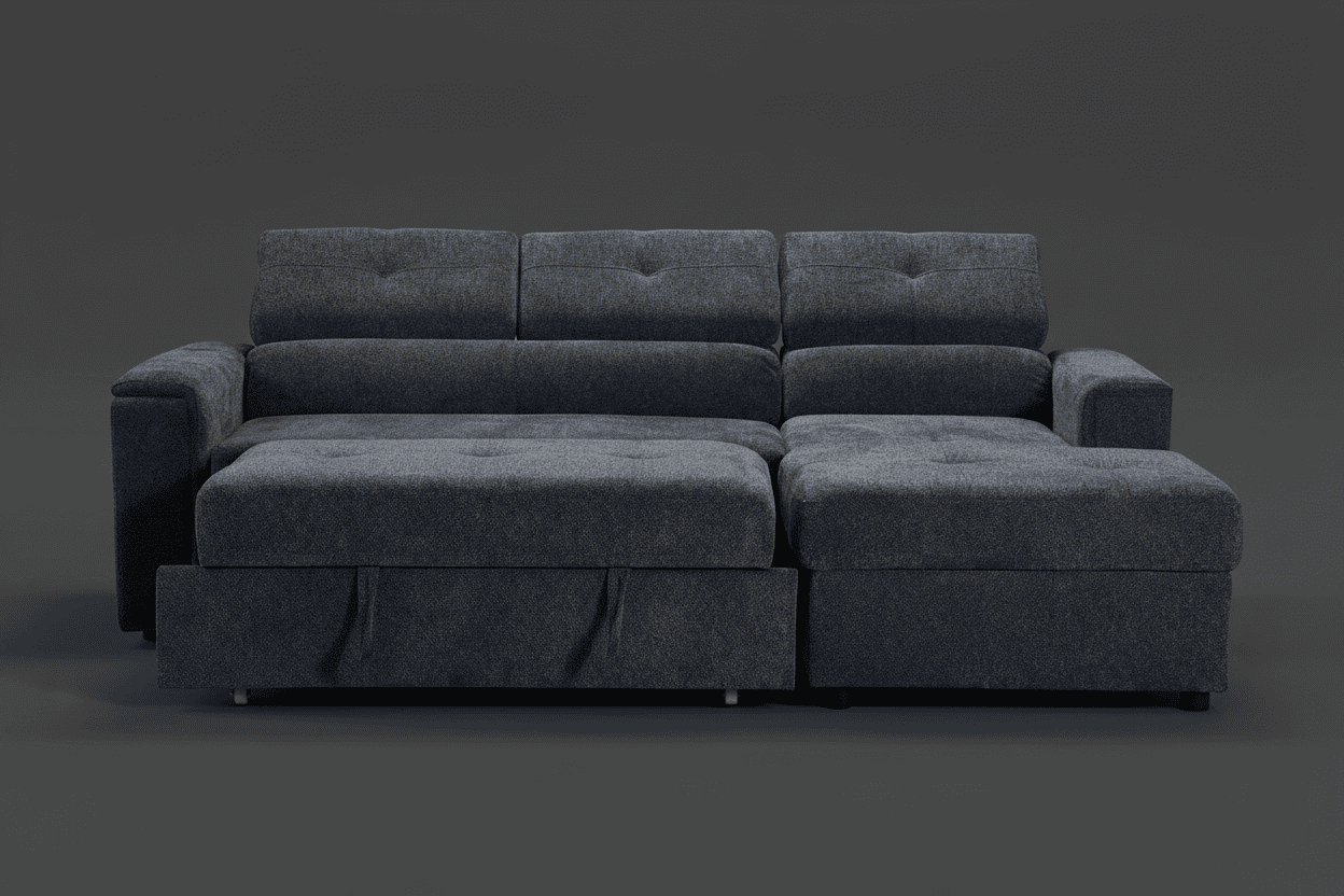 "Jeff" SOFA BED In Dark Grey Fabric Corner Sofa / Sofa Bed RHF With Storage Ottoman + Adjustable Headrests + Drinks Holder + Wireless Charger + Drinks Holder