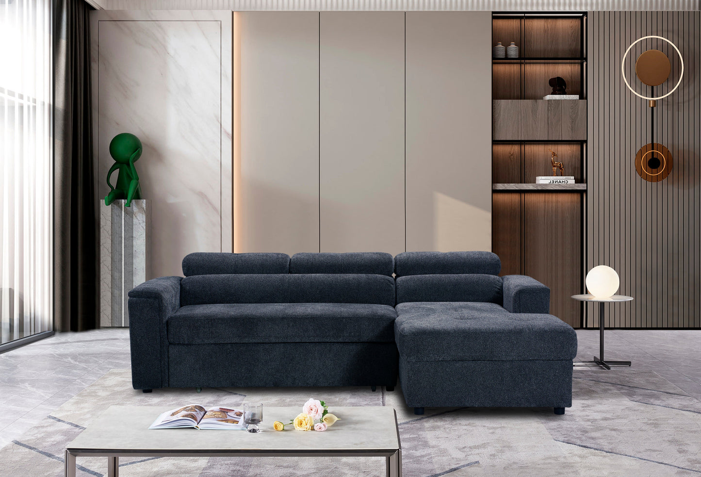 RHF Dark Grey Fabric Sofa Bed + Storage Ottoman + Adjustable Headrests + Drinks Holder + Wireless Charger