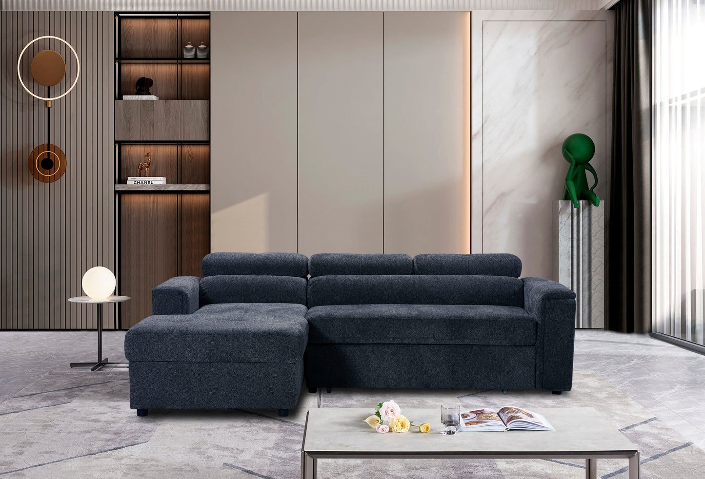 LHF Dark Grey Fabric Sofa Bed + Storage Ottoman + Adjustable Headrests + Drinks Holder + Wireless Charger