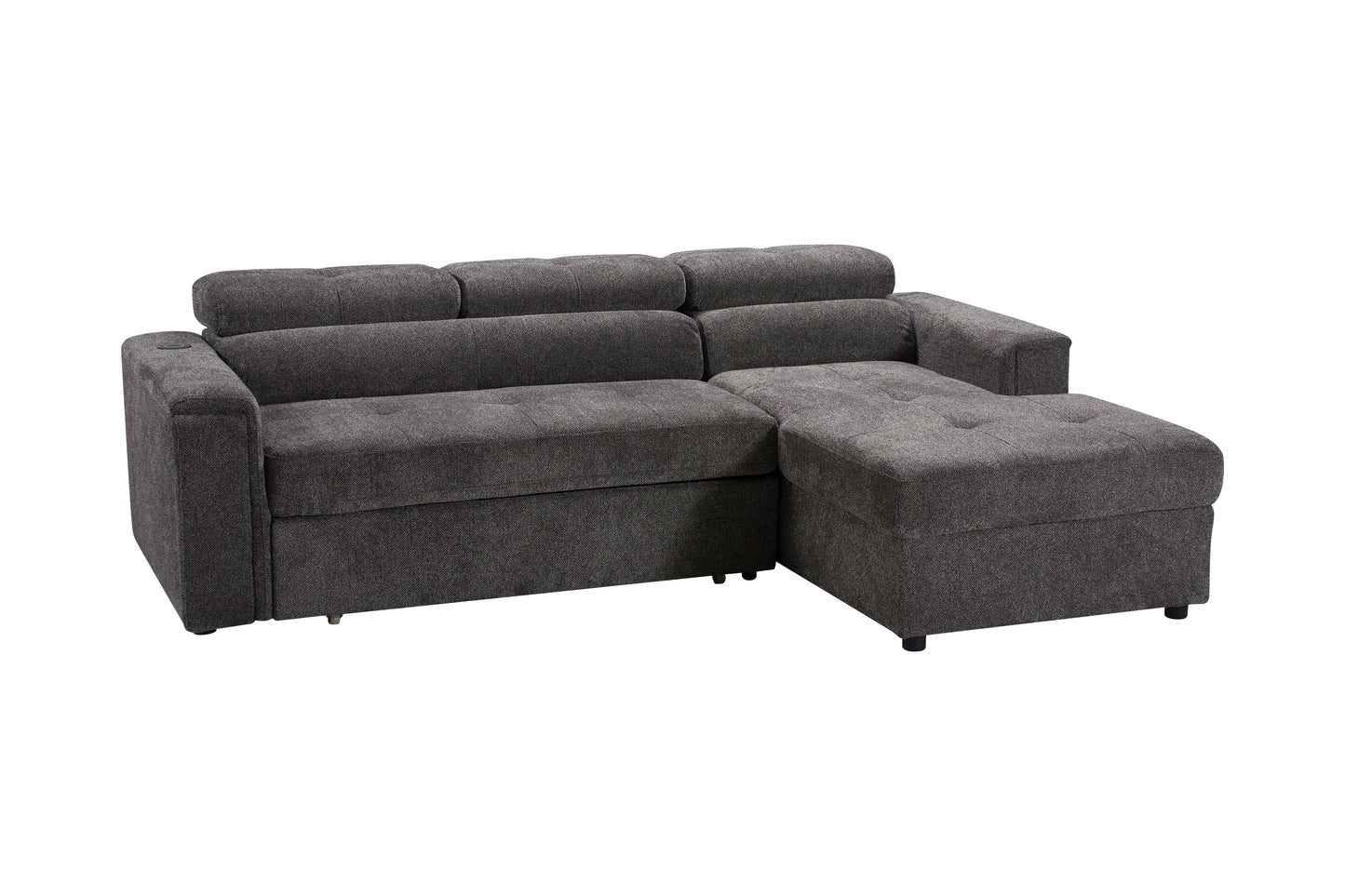 RHF Grey Fabric Sofa Bed + Storage Ottoman + Adjustable Headrests + Drinks Holder + Wireless Charger