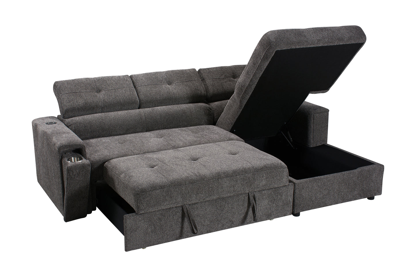 RHF Grey Fabric Sofa Bed + Storage Ottoman + Adjustable Headrests + Drinks Holder + Wireless Charger