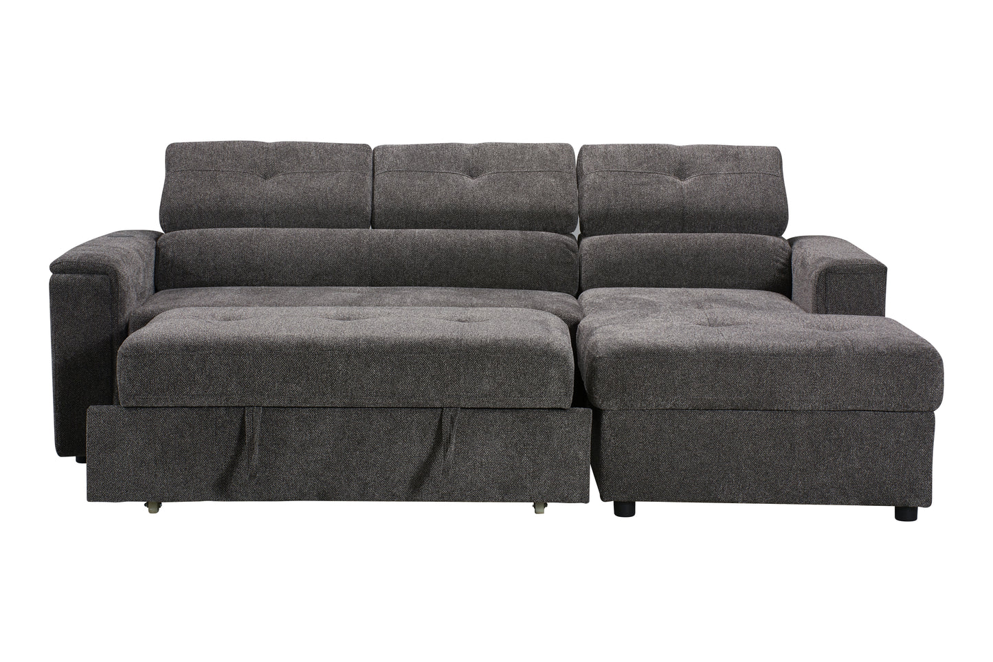 RHF Grey Fabric Sofa Bed + Storage Ottoman + Adjustable Headrests + Drinks Holder + Wireless Charger