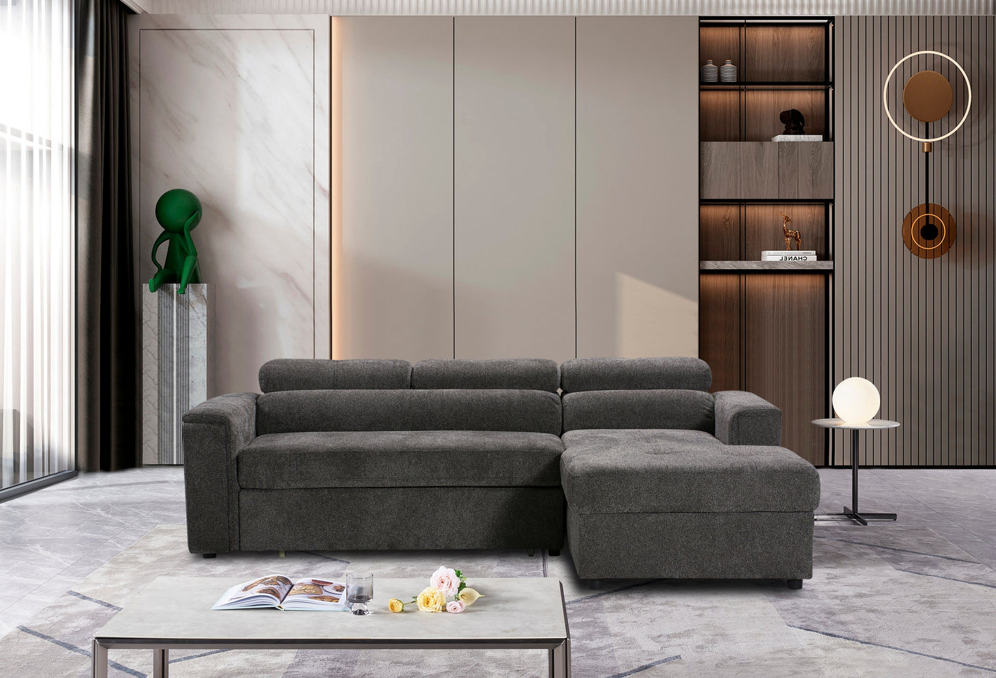 RHF Grey Fabric Sofa Bed + Storage Ottoman + Adjustable Headrests + Drinks Holder + Wireless Charger