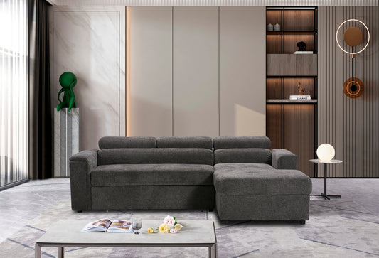 "Jeff" SOFA BED - Grey Fabric Corner Sofa / Sofa Bed RHF With Storage Ottoman + Adjustable Headrests + Drinks Holder + Wireless Charger + Drinks Holder