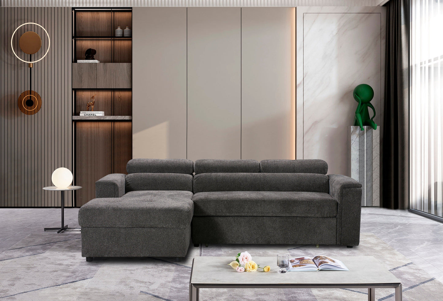 LHF Dark Grey Fabric Sofa Bed + Storage Ottoman + Adjustable Headrests + Drinks Holder + Wireless Charger