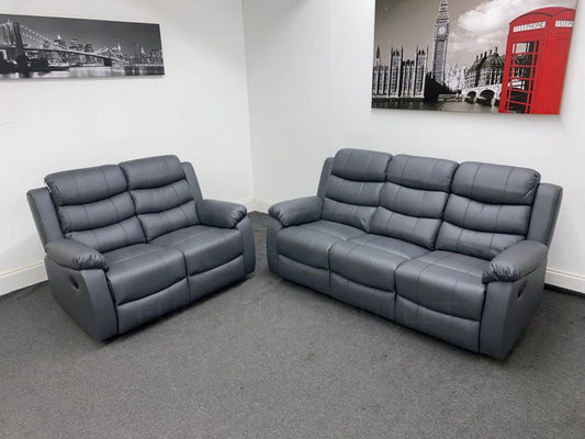 Landos Manual Recliner Grey Leather 3 + 2 Seater Dfs Sofa Set Sofas