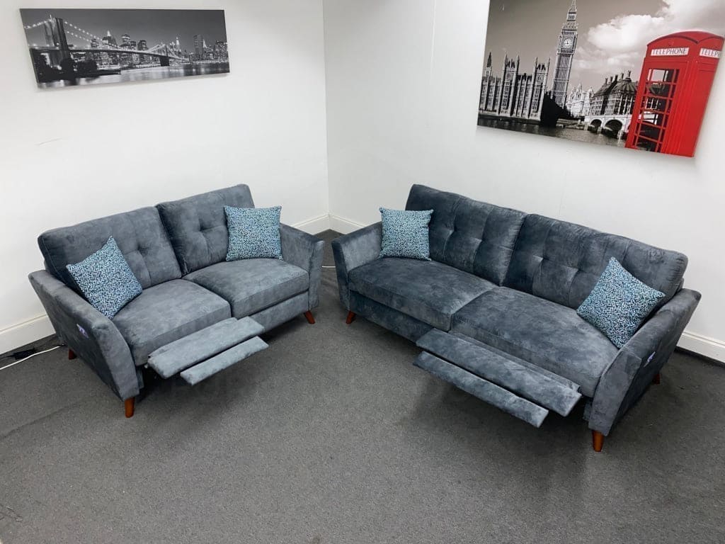 Studio French Connection Electric Recliner Grey Plush Velvet Fabric 3 Seater 2 & Armchair Sofa Set